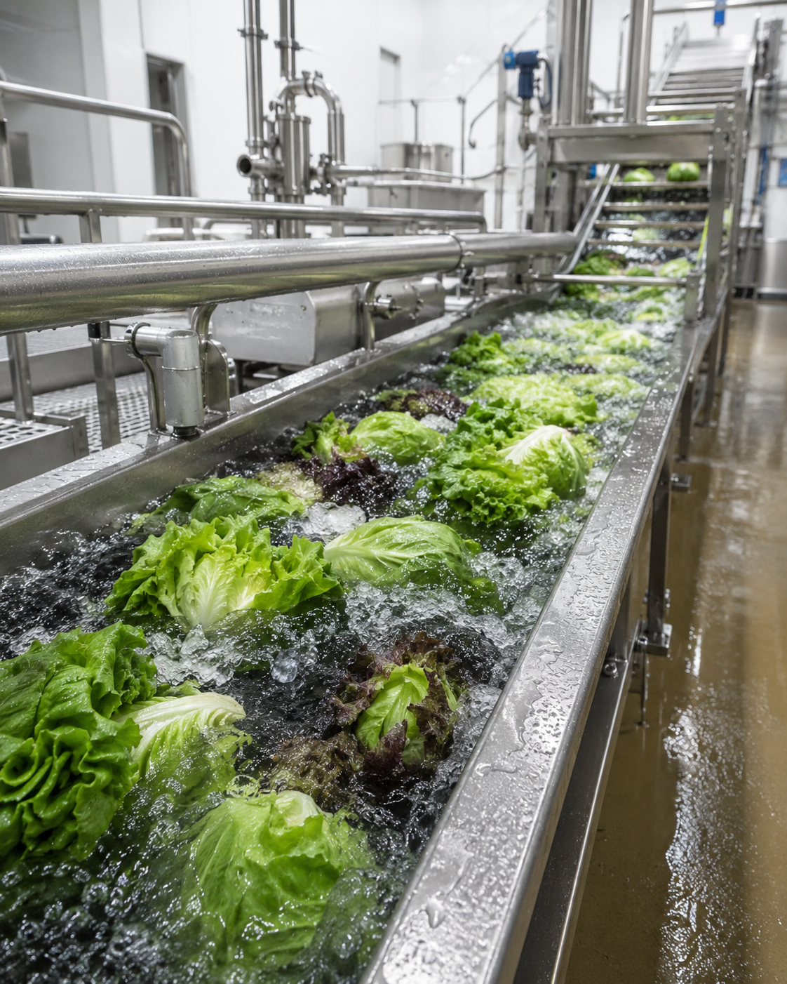 Produce being hydrocooled with near-freezing process water